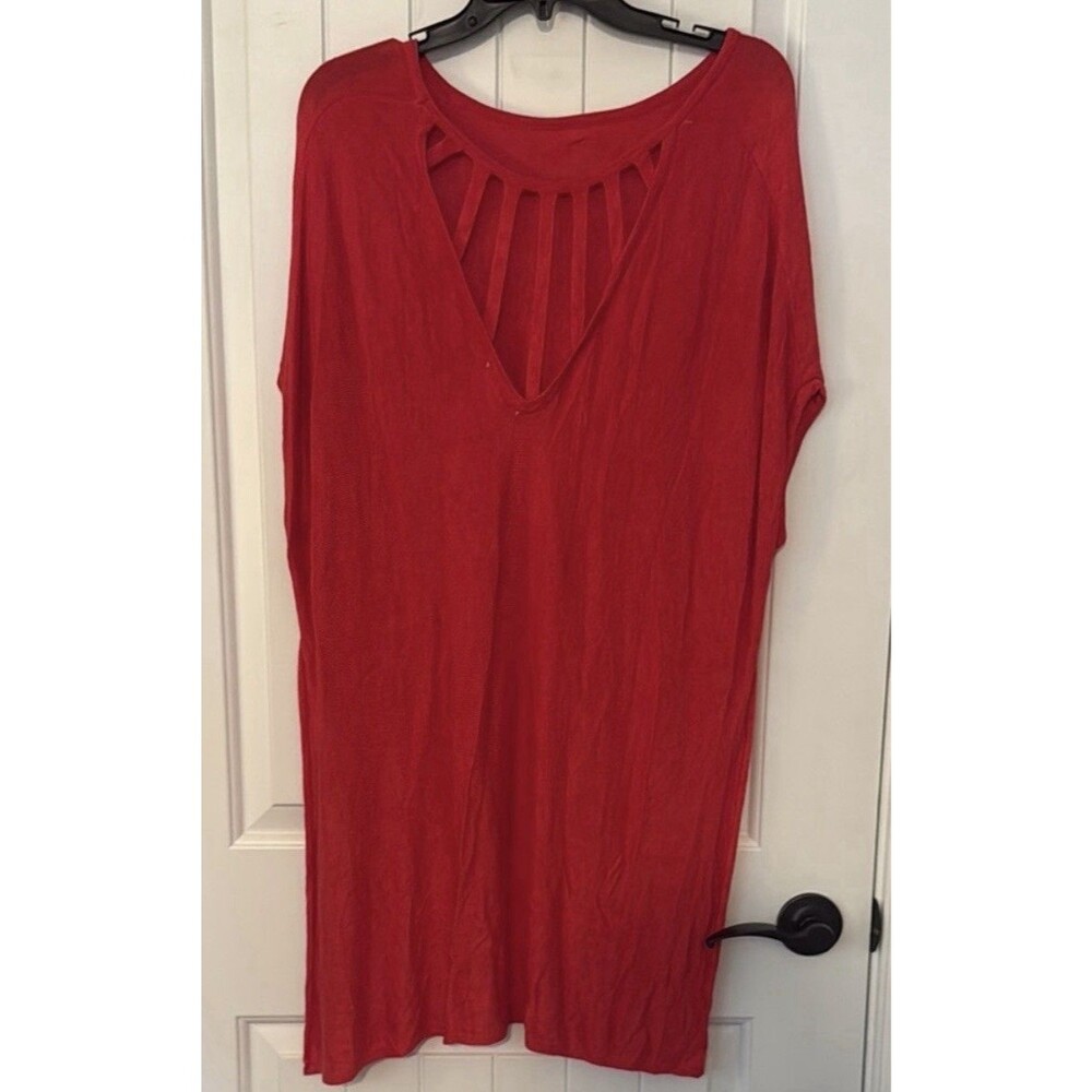 Wishlist Womens Red Rayon Knit V-Neck Cutout Dolman Tunic Top Short Sleeve M - Picture 3 of 3